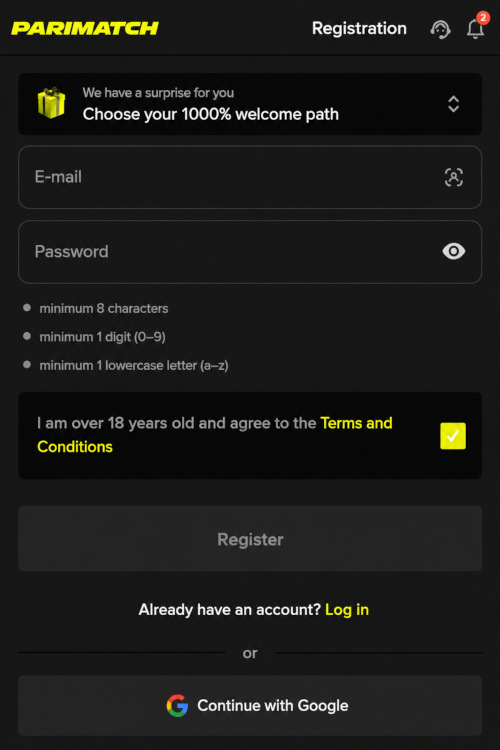 Form registration Parimatch in mobilnom interfeyse