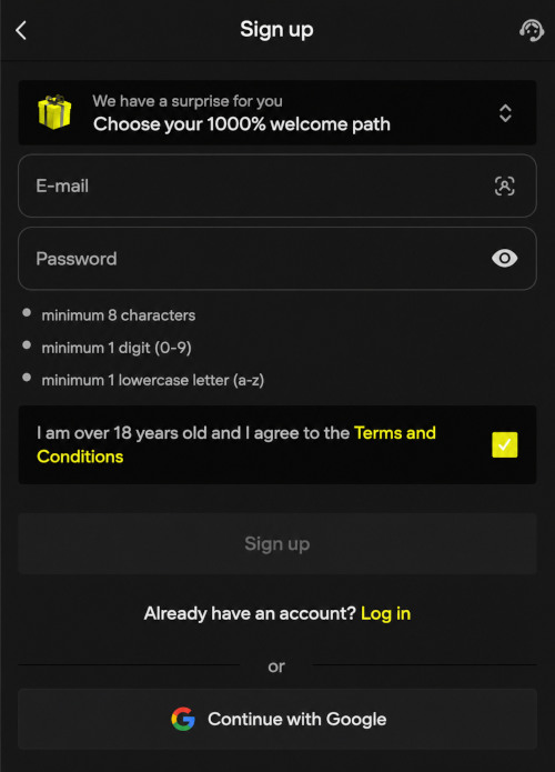Parimatch Registration Menu